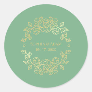 Pegatina Redonda Minimalista Elegante Jade Floral Verde Y Dorado