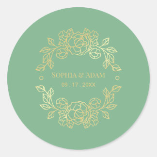 Pegatina Redonda Minimalista Elegante Jade Floral Verde Y Dorado