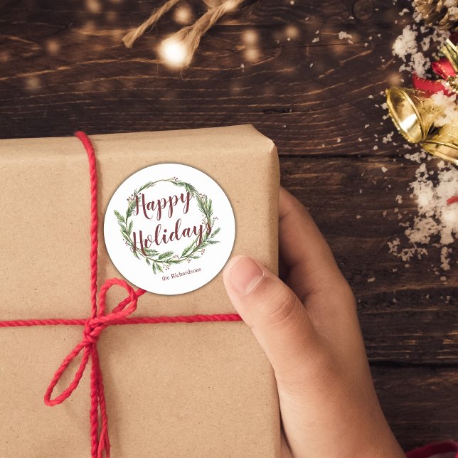 Pegatina Redonda Minimalista Felices Fiestas Acuarela Pino Wreath (Subido por el creador)