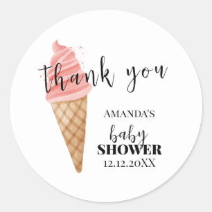 Pegatina Redonda Minimalista Ice Cream Scoop Baby Shower Gracias