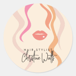 Pegatina Redonda Minimalista Light Peach Hairstylist Wavy Hair Cuat