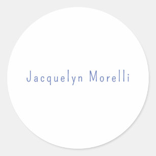 Pegatina Redonda Minimalista Llanura Azul Blanco Elegante Nombre Mo