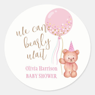 Pegatina Redonda Minimalista Teddy Bear Balón rosa Baby Shower
