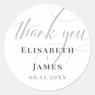 Pegatina Redonda Minimalistic White & Grey Calligraphy Chic Wedding