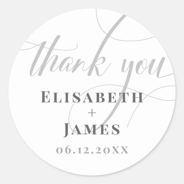 Pegatina Redonda Minimalistic White & Grey Calligraphy Chic Wedding (Anverso)