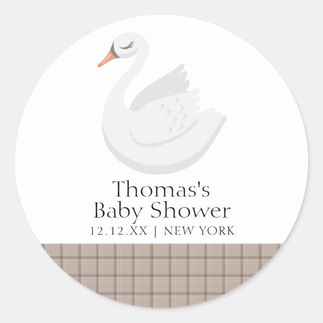 Pegatina Redonda Mínimo Cisne Moderno Plaid Gingham Boy Baby Shower (Anverso)