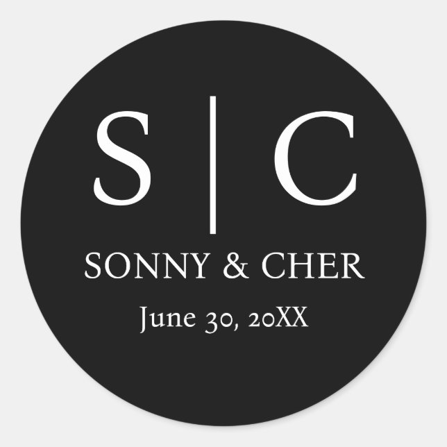 Pegatina Redonda Mínimo y elegante Boda de Monograma Blanco y Negro (Anverso)