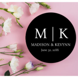 Pegatina Redonda Mínimo y elegante Boda de Monograma Blanco y Negro