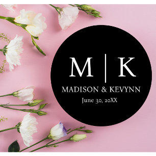 Pegatina Redonda Mínimo y elegante Boda de Monograma Blanco y Negro