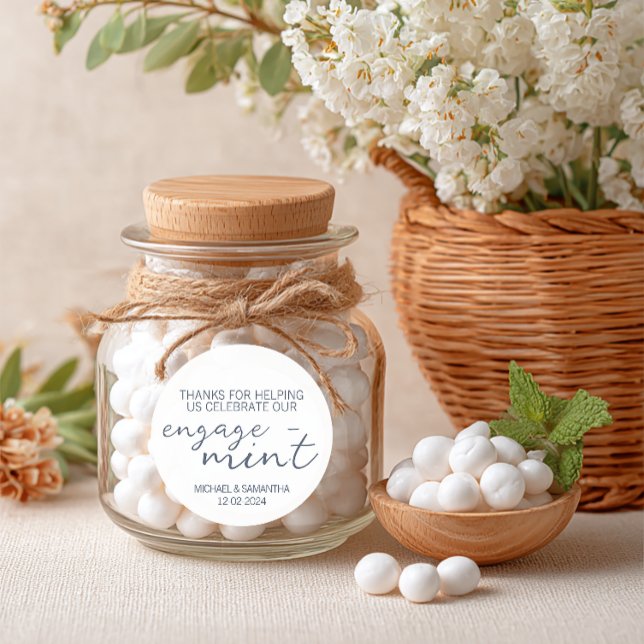 Pegatina Redonda Mint Engagement Gracias (Personalized Engagement Party Favor Label)