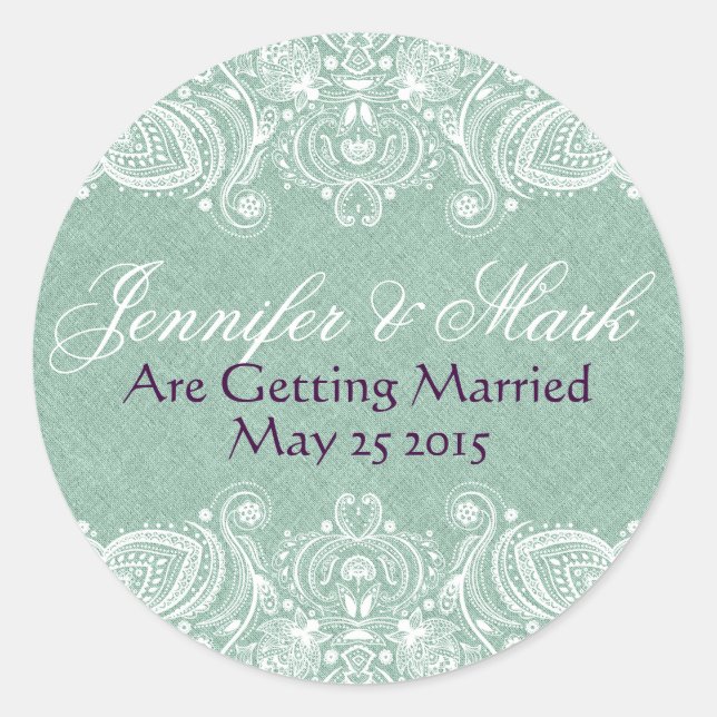 Pegatina Redonda Mint-Green Faux Linen Burlap & White Paisley Lace (Anverso)