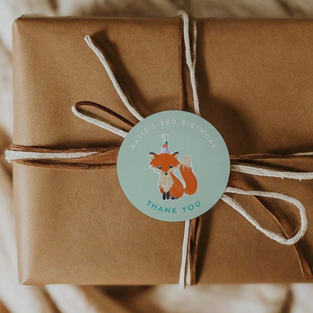 Pegatina Redonda Mint Green Fox Fiesta Gorra Woodland Gracias (Mint Green Fox Party Hat Woodland Thank You Classic Round Sticker)