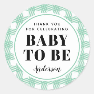 Pegatina Redonda Mint Green Gingham Plaid Gracias Bebé