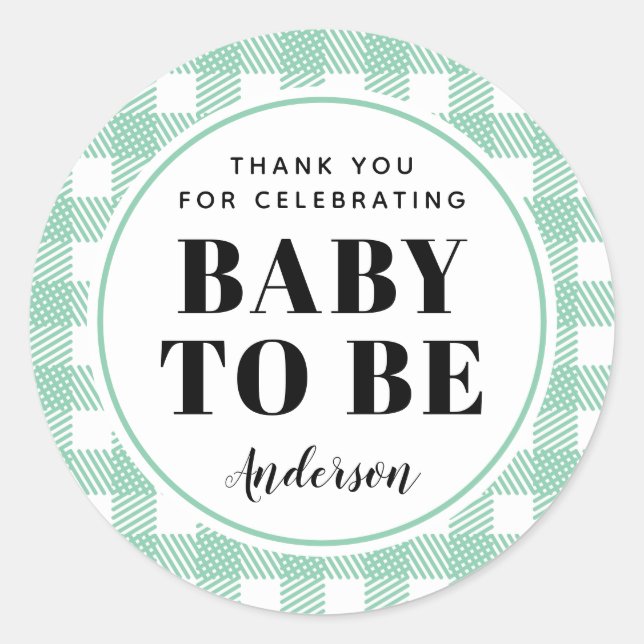 Pegatina Redonda Mint Green Gingham Plaid Gracias Bebé (Anverso)