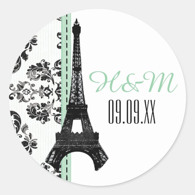 Pegatina Redonda MINT GREEN Monogrammed Damask Eiffel Tower Boda (Anverso)