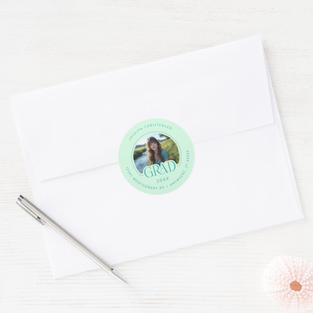Pegatina Redonda Mint Green Photo Address Graduate Envelope Seal (Sobre)