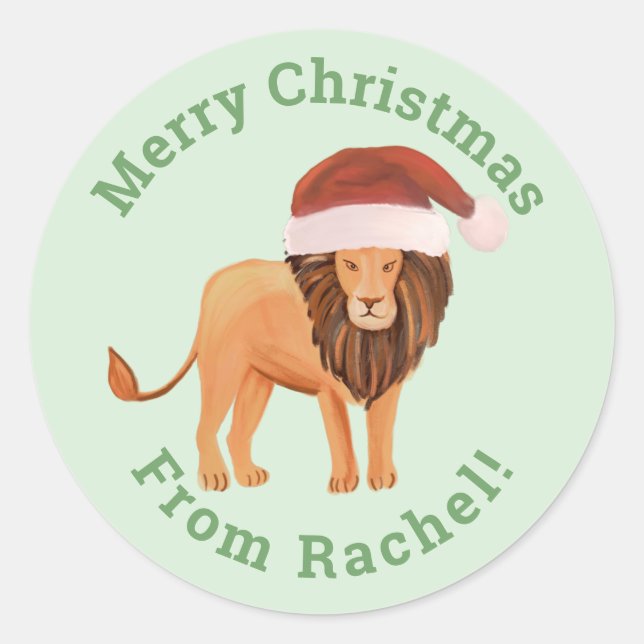 Pegatina Redonda Mint Merry navidad personalizada Santa Lion (Anverso)