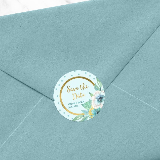 Pegatina Redonda Mint Polka Dot Faux Gold Floral Save the Date (Subido por el creador)
