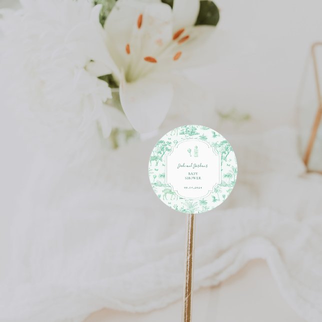 Pegatina Redonda Mint Safari Toile de Jouy | Baby Shower (Subido por el creador)