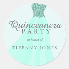 Pegatina Redonda Mint Verde azulada Sparkling Purpurina Gown Quince