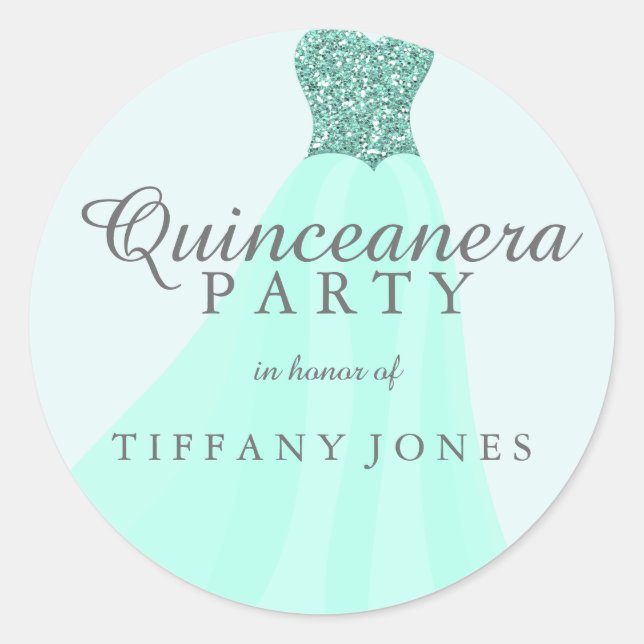 Pegatina Redonda Mint Verde azulada Sparkling Purpurina Gown Quince (Anverso)