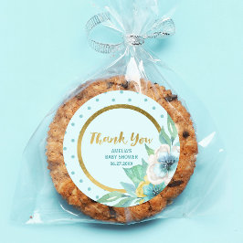 Pegatina Redonda Mint y Faux Gold Floral Baby Shower Gracias