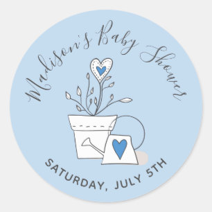 Pegatina Redonda Mira cómo crezco planta en maceta azul Baby Shower