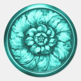 Pegatina Redonda Mira Teal de aspecto estampado en relieve barroco 