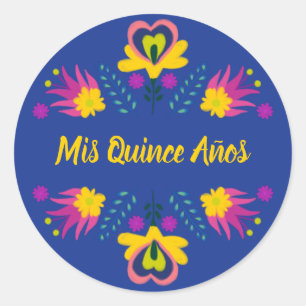 Pegatina Redonda Mis Quince Anos Black Blue Yellow Fiesta Mexicana