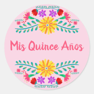 Pegatina Redonda Mis Quince Años Fiesta Mexicana Flores Rosadas