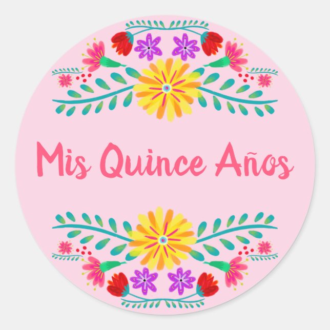 Pegatina Redonda Mis Quince Años Fiesta Mexicana Flores Rosadas (Anverso)