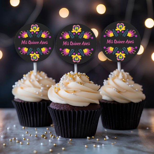 Pegatina Redonda Mis Quince Anos Negro Rosa Amarillo Fiesta Mexican (Stickers, envelope seals, cupcake toppers .. from my Mexican Fiesta Party Quinceanera Collection 
)