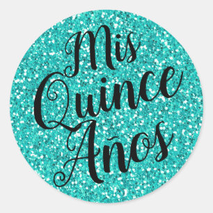 Pegatina Redonda Mis Quince Años Quinceañera Turquoise Aqua Purpuri