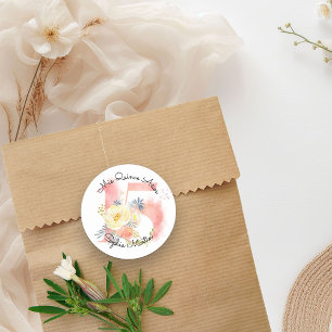 Pegatina Redonda Mis Quince Años Rosa Desvaído Floral Acuarela 15