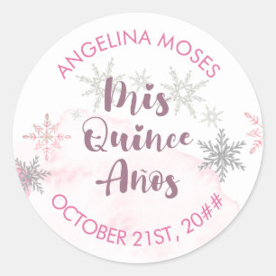 Pegatina Redonda Mis Quince Anos rosados y copos de nieve plateados
