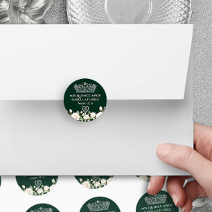 Pegatina Redonda Mis Quince Anos Tiara y Rosas Quinceanera Verde