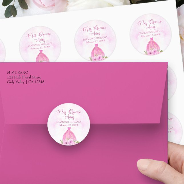 Pegatina Redonda Mis Quince Anos Vestido Princesa Floral Rosa (Mis Quince stickers from my Galaxy Floral Princess Quinceanera collection
)