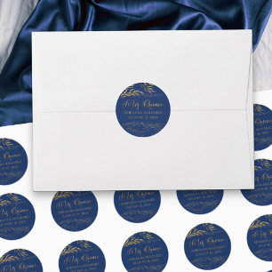 Pegatina Redonda Mis Quince Azul Real y Hoja de Oro 15 Cumpleaños