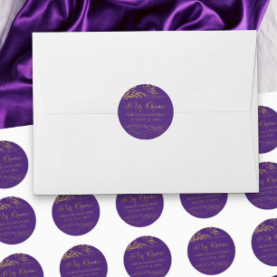 Pegatina Redonda Mis Quince Cumpleaños 15 Morado y Hoja Dorada