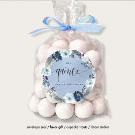 Pegatina Redonda Mis Quince, Español, Floral Azul