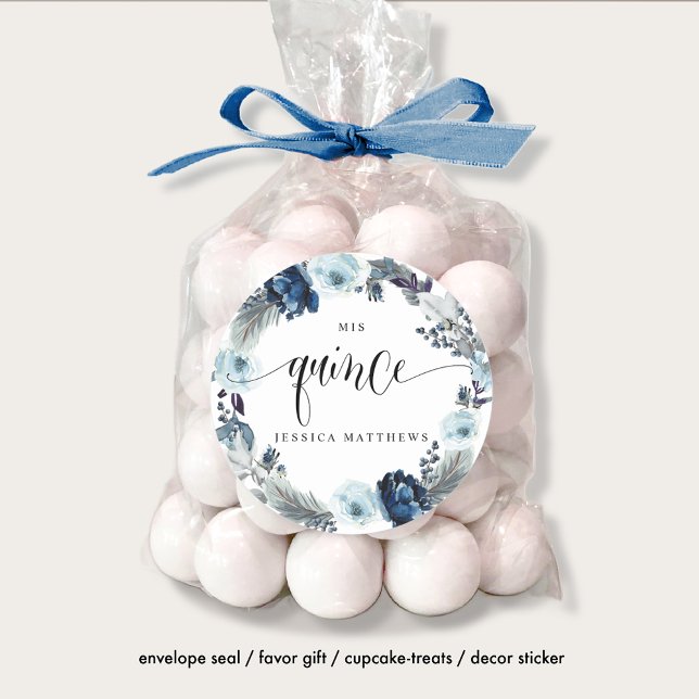 Pegatina Redonda Mis Quince, Español, Floral Azul de Wreath (Subido por el creador)