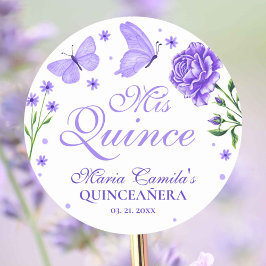 Pegatina Redonda Mis Quince Lilac Morado Floral Quinceañera