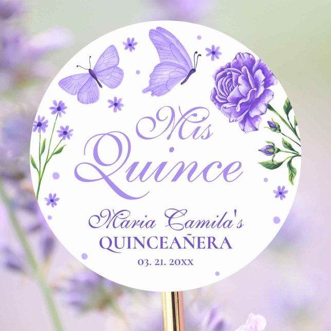 Pegatina Redonda Mis Quince Lilac Morado Floral Quinceañera (Mis Quince Lilac Purple Floral Quinceañera Classic Round Sticker)