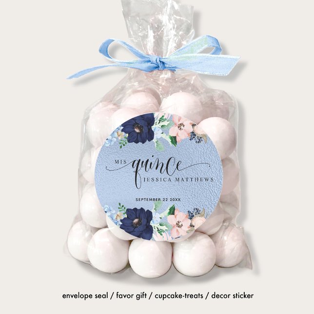 Pegatina Redonda Mis Quince, Quinceañera con Flores Azul y Rosa (Subido por el creador)