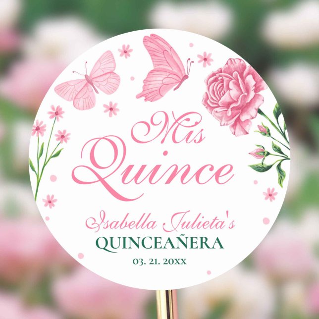 Pegatina Redonda Mis Quince Rubor Pink Floral Quinceañera (Mis Quince Blush Pink Floral Quinceañera Classic Round Sticker)