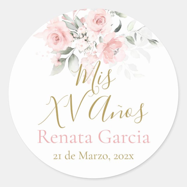 Pegatina Redonda Mis XV años flores rosas (Anverso)