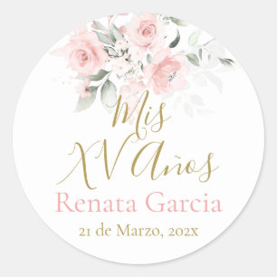Pegatina Redonda Mis XV años flores rosas
