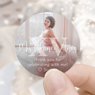 Pegatina Redonda Mis XV Años Foto Moderna Quinceañera Gracias