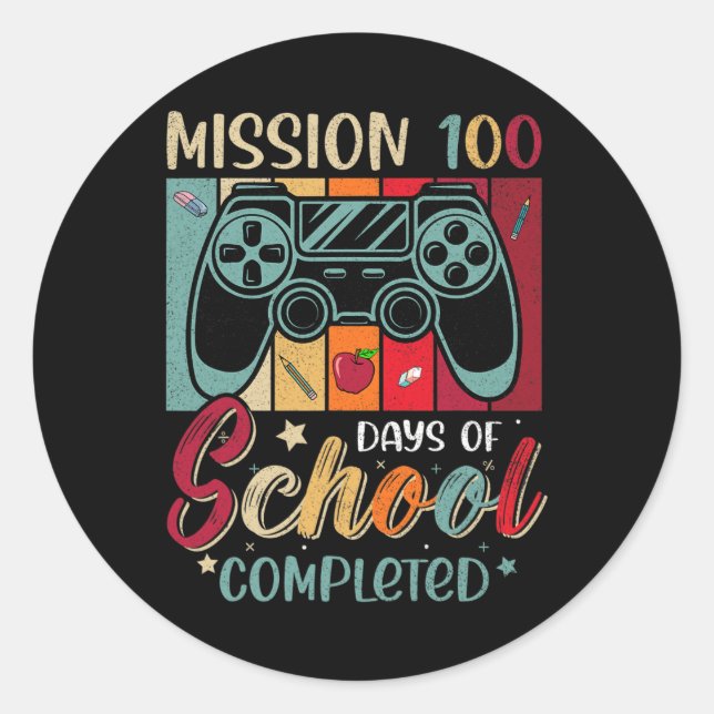 Pegatina Redonda Misión Retro 100 Días De Escuela Terminó El Video  (Anverso)
