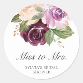 Pegatina Redonda Miss a la Sra. Moody Plum Floral Bridal Shower Fav